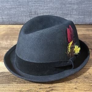 Vintage Sears Fedora Feather Black Wool Hat Size 7 1/8 Boyville